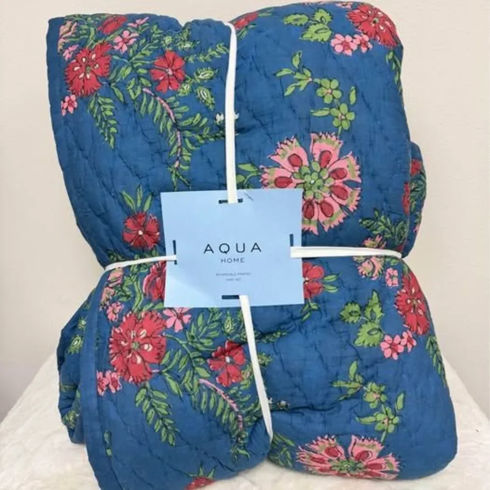 Aqua KING 3 Pieces Blue Floral Reversible Printed Quilt Set with Shams NEW